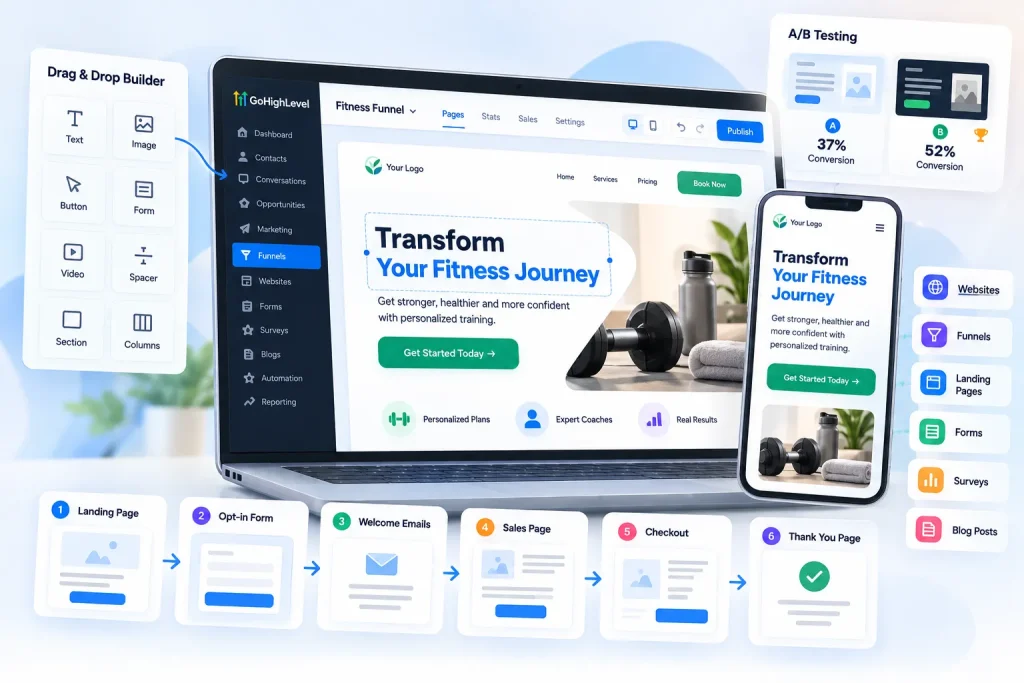 Funnels, websites, landing pages, forms and surveys